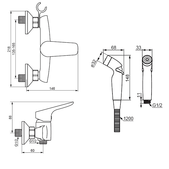 Гигиенический душ со смесителем Damixa Jupiter 778000000 хром встраиваемый, шланг 1200, держатель-3