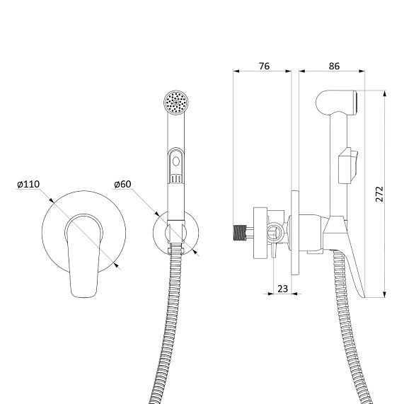 Гигиенический душ со смесителем Damixa Jupiter 777510001 хром встраиваемый, шланг 1200, держатель-3
