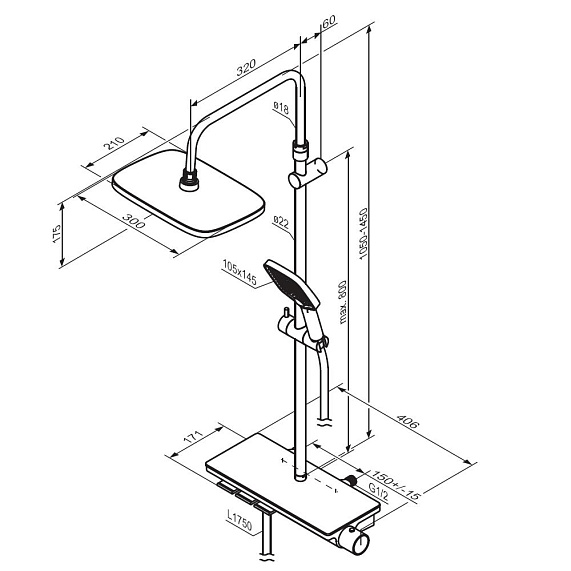Душевая система Damixa Gala 953760300 стойка с тропическим душем, термостатом, смесителем, черная матовая-6