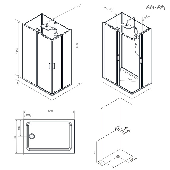 Душевая кабина 120x80 AM.PM Above W9XC-403-12080MT профиль серебристый, низкий поддон-12
