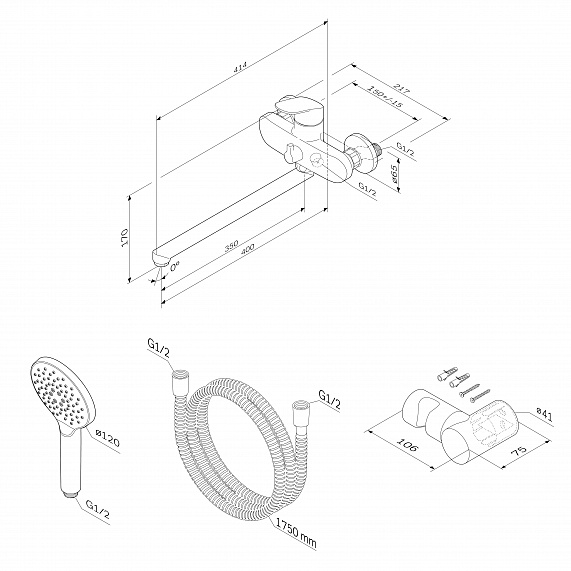 Смеситель для ванны и душа AM.PM Like F8095000 длинный излив, душевая лейка, шланг 1750, хром-9