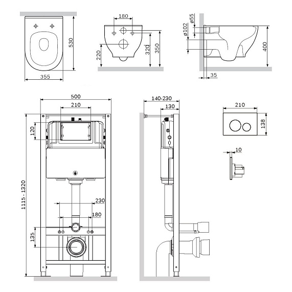 Унитаз подвесной безободковый с инсталляцией AM.PM Like IS49001.801701 сиденьем микролифт, белой пневм. клавишей-5