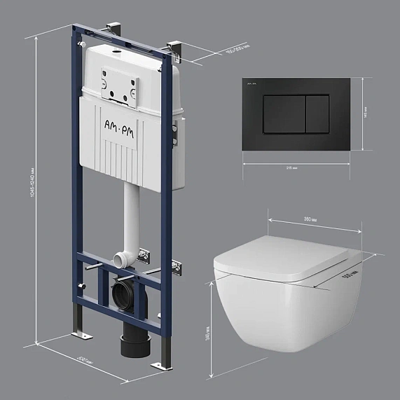 Унитаз подвесной безободковый с инсталляцией AM.PM Gem IS100238.901701 сиденьем микролифт, черной механ. клавишей-9