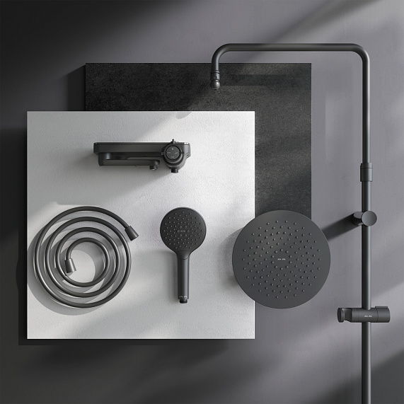 Душевая система AM.PM Like F0780722 стойка с тропическим душем, смесителем, изливом, черная матовая-11