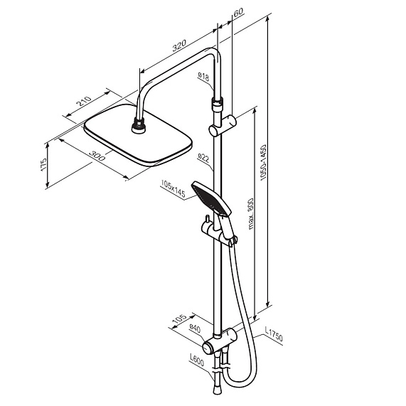Душевая система Damixa Gala 953000300 стойка с тропическим душем, черная матовая-6
