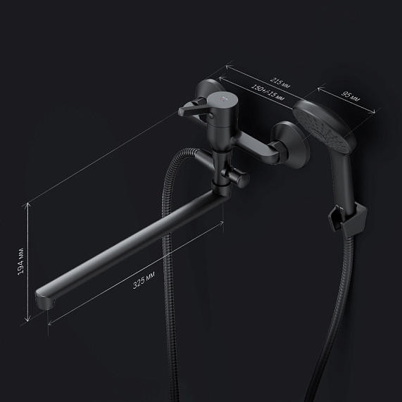 Смеситель для ванны и душа AM.PM X-Joy S F85B90122 длинный излив, душевая лейка, шланг 1500, черный-7