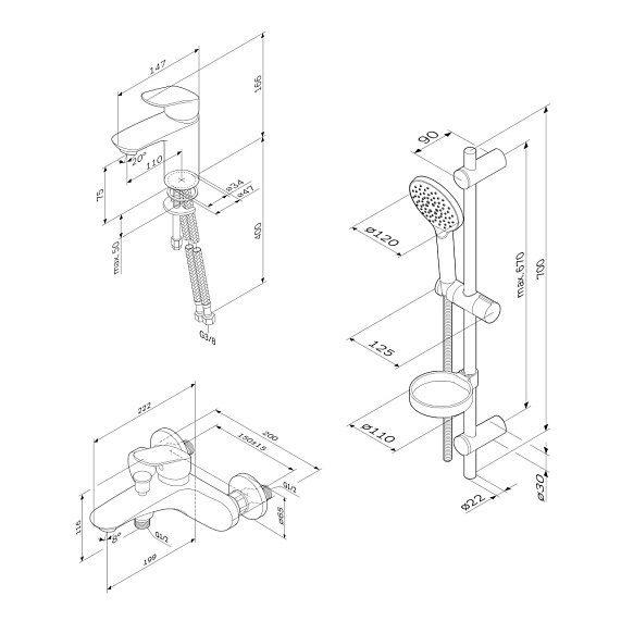 2 смесителя с душевой лейкой AM.PM Like F4098000 в наборе, шланг 1750, хром-2