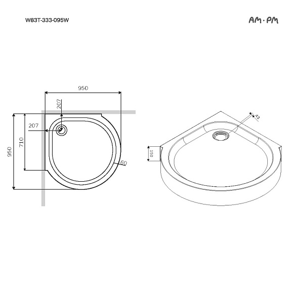 Душевой уголок с поддоном 95x95 AM.PM Like W83G-333-095CT прозрачное стекло, профиль хром-8