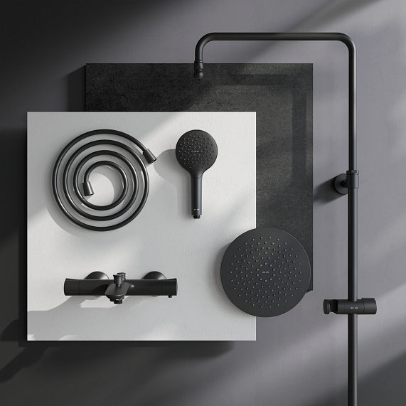 Душевая система AM.PM Like F0780522 стойка с тропическим душем, термостатом, смесителем, изливом, черная матовая-10