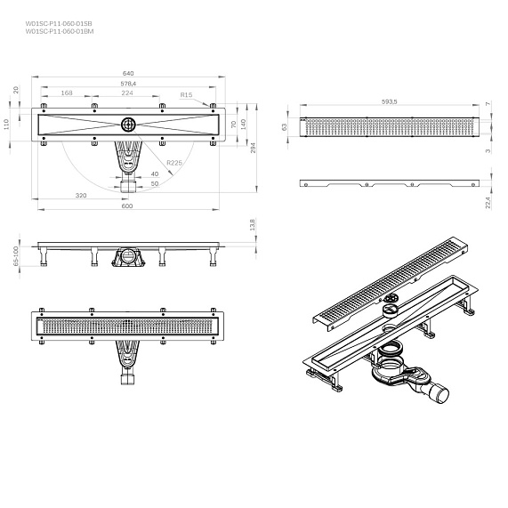 Душевой трап (лоток) 60 AM.PM MasterFlow W01SC-P11-060-01SB комбинированный затвор со стальной матовой решеткой-11