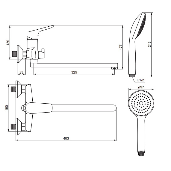 Смеситель для ванны и душа Damixa Jupiter 779500001 длинный излив, душевая лейка, шланг 1500, хром-4