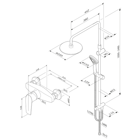 Душевая система AM.PM Gem F42890A24 стойка с тропическим душем, черная матовая + смеситель для душа, черный матовый-10